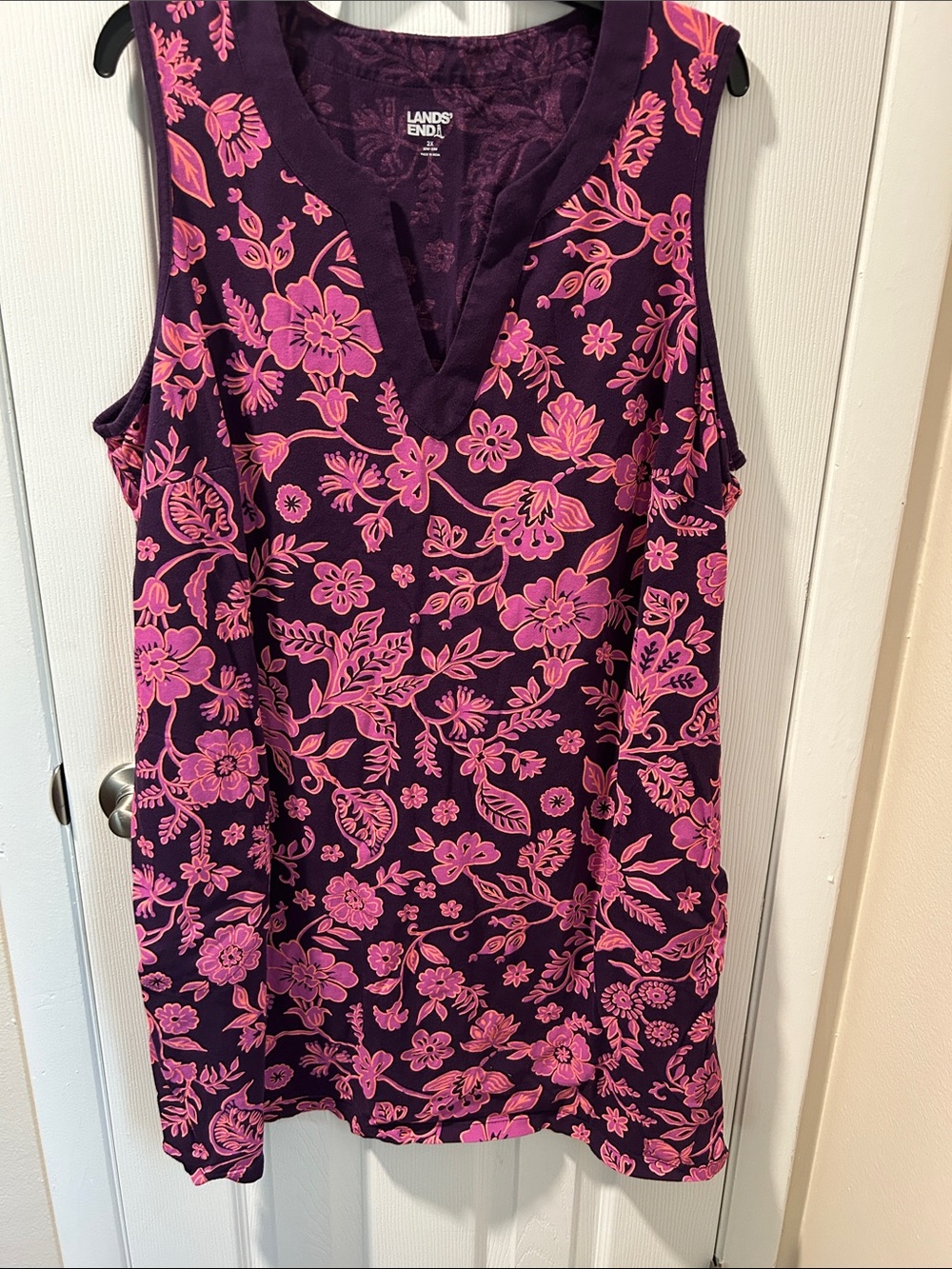Lands' End Purple Sleeveless Floral swim cover up dress with Pink Print.